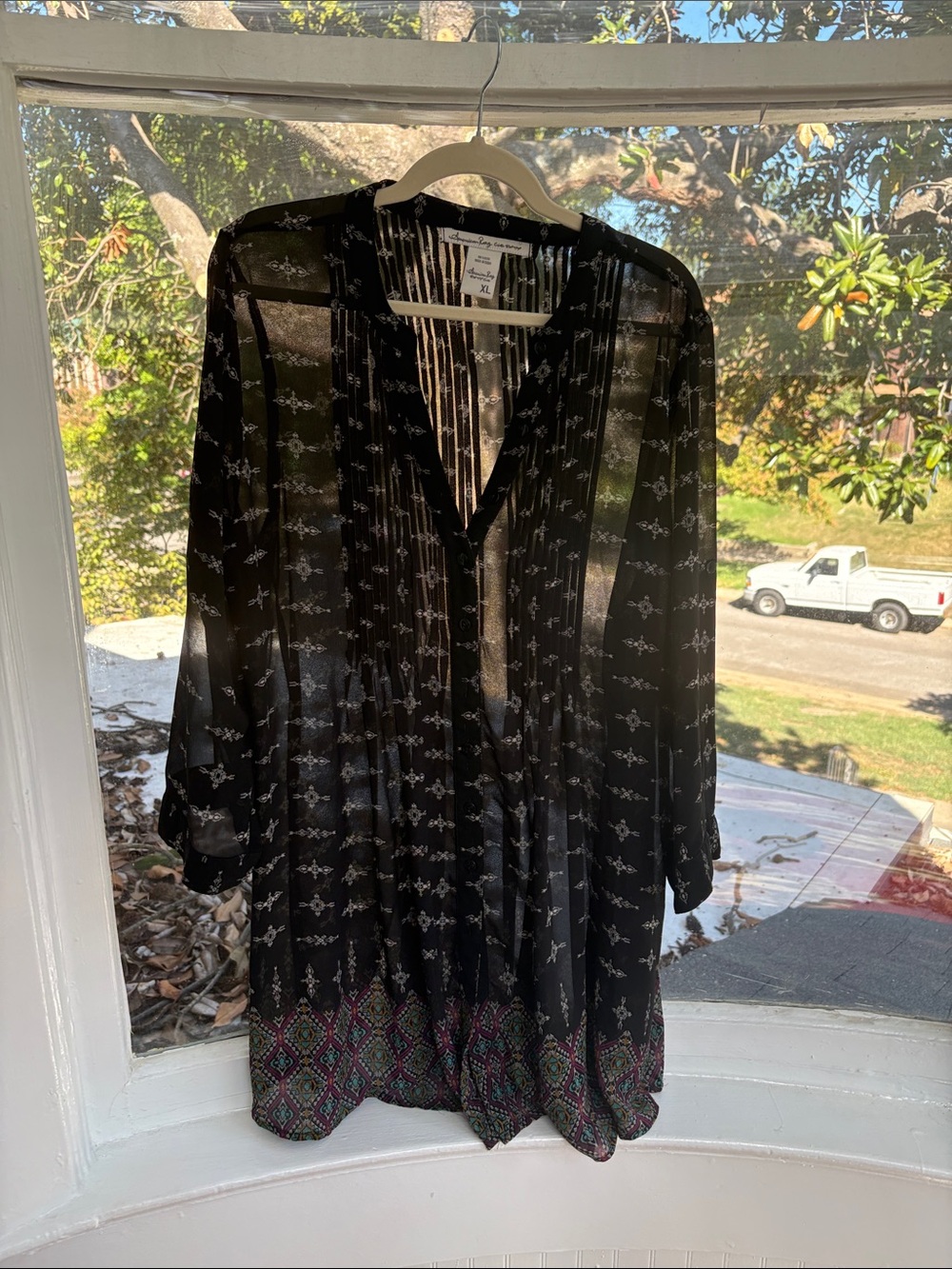 American Rag Black Sheer Long-Sleeve Tunic Dress with Printed Hem